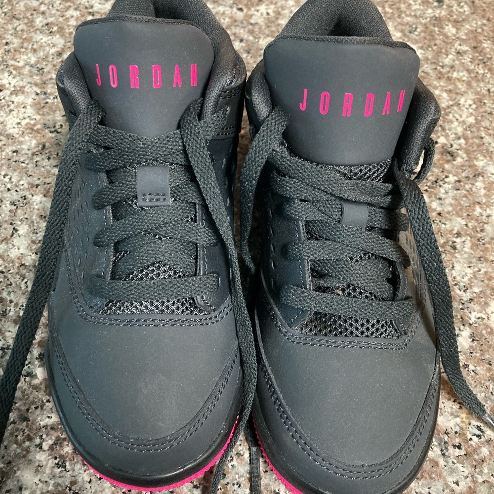 Kids Jordans in Black and Neon Pink